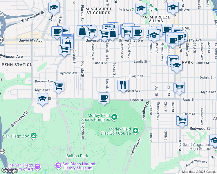 map of restaurants, bars, coffee shops, grocery stores, and more near 2318 Myrtle Avenue in San Diego