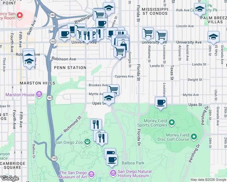 map of restaurants, bars, coffee shops, grocery stores, and more near 1717 Myrtle Avenue in San Diego