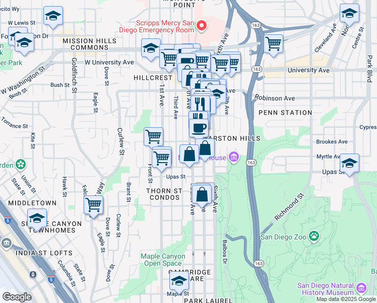 map of restaurants, bars, coffee shops, grocery stores, and more near 3520 Fourth Avenue in San Diego
