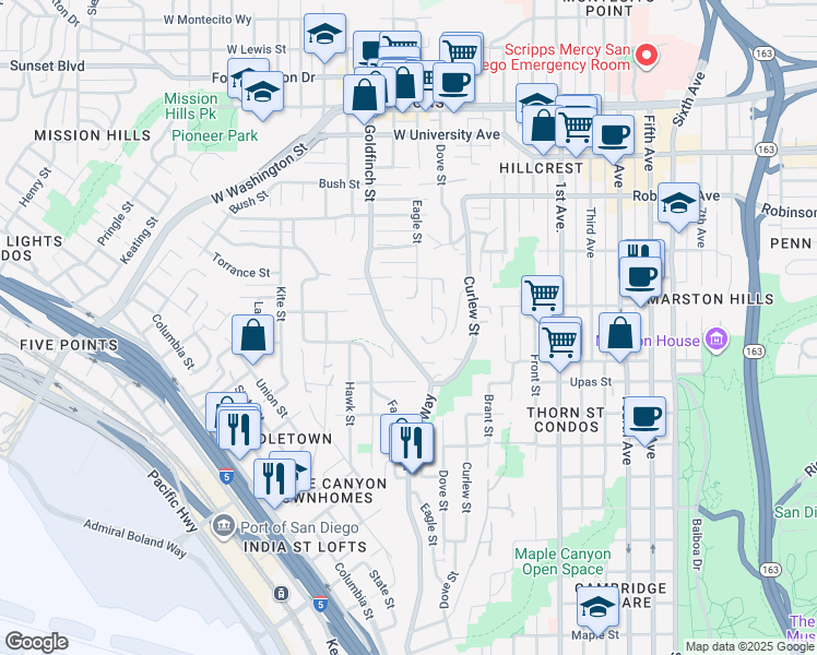 map of restaurants, bars, coffee shops, grocery stores, and more near 3493 Reynard Way in San Diego