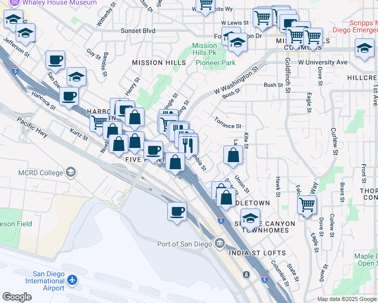 map of restaurants, bars, coffee shops, grocery stores, and more near 3667 India Street in San Diego