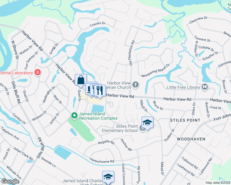 map of restaurants, bars, coffee shops, grocery stores, and more near 969 Harbor View Road in Charleston