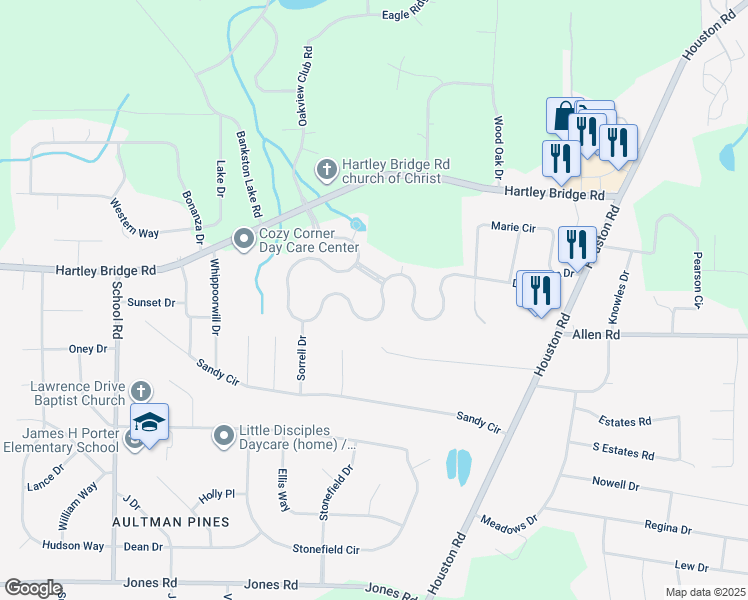 map of restaurants, bars, coffee shops, grocery stores, and more near 3345 Bridgewood Drive in Macon