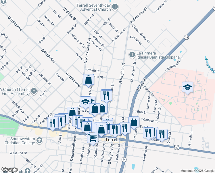 map of restaurants, bars, coffee shops, grocery stores, and more near 602 North Catherine Street in Terrell