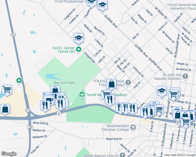 map of restaurants, bars, coffee shops, grocery stores, and more near 150 9th Street in Terrell