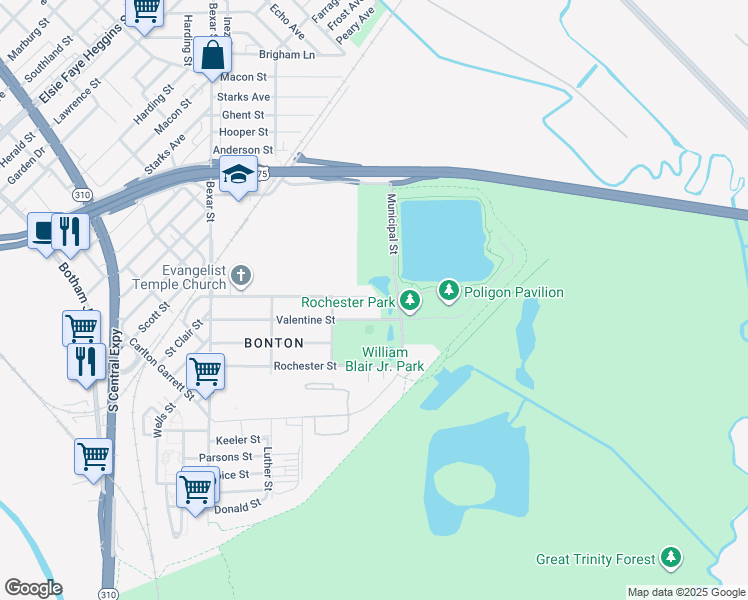 map of restaurants, bars, coffee shops, grocery stores, and more near 3031 Valentine Street in Dallas