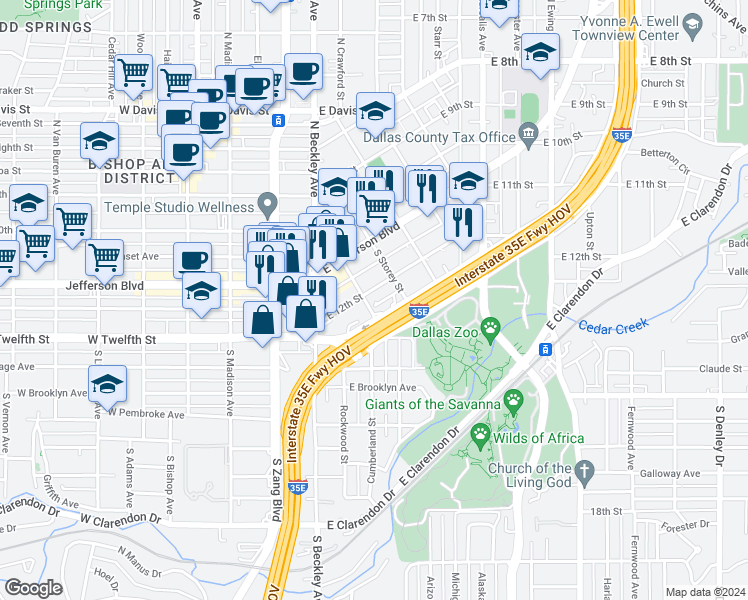 map of restaurants, bars, coffee shops, grocery stores, and more near 831 South R L Thornton Freeway Service Road in Dallas