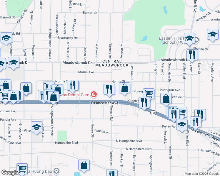 map of restaurants, bars, coffee shops, grocery stores, and more near 2600 Tierney Road in Fort Worth