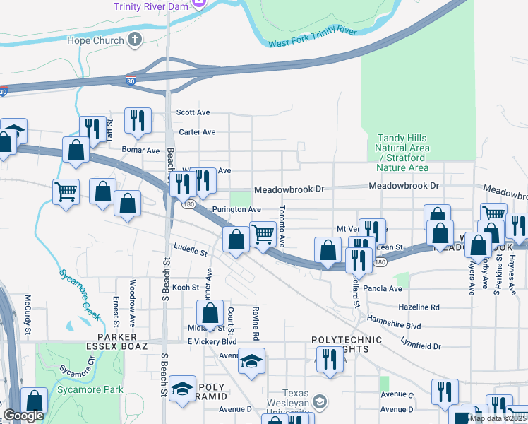 map of restaurants, bars, coffee shops, grocery stores, and more near 2903 Mount Vernon Avenue in Fort Worth