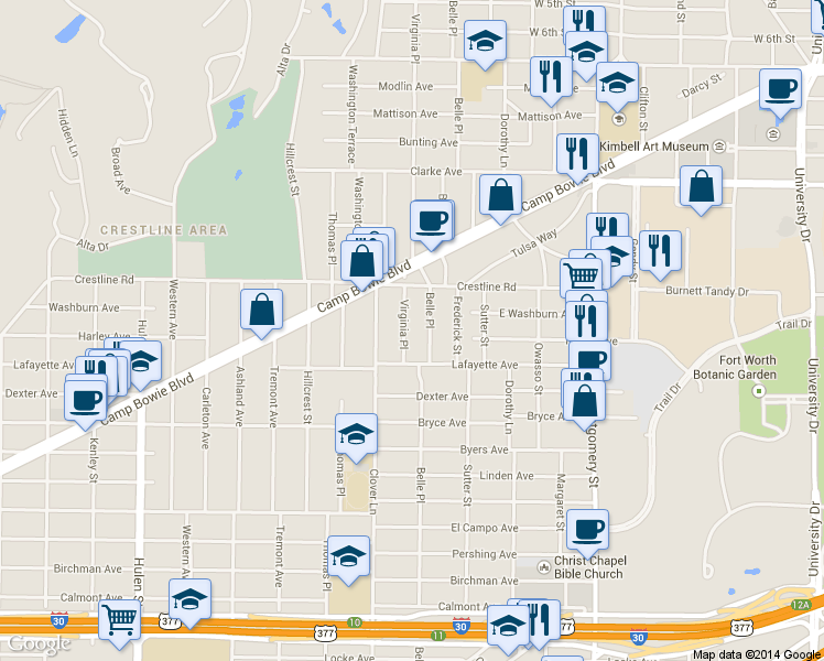 map of restaurants, bars, coffee shops, grocery stores, and more near 1813 Virginia Place in Fort Worth