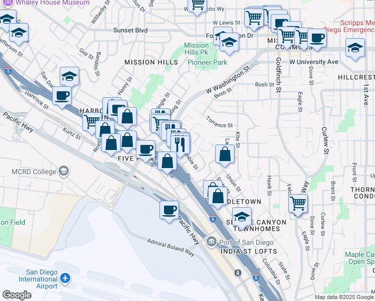 map of restaurants, bars, coffee shops, grocery stores, and more near 1617 Chalmers Street in San Diego