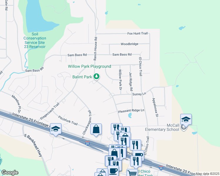 map of restaurants, bars, coffee shops, grocery stores, and more near 405 Ranch House Road in Willow Park