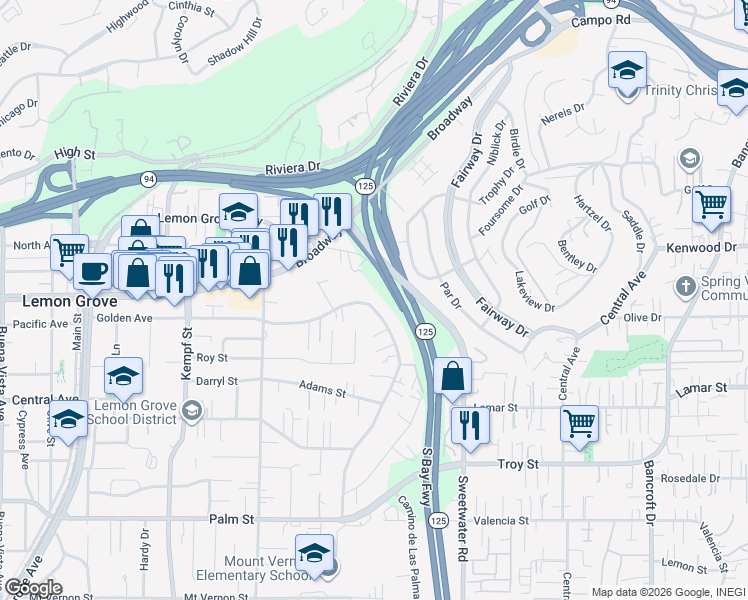 map of restaurants, bars, coffee shops, grocery stores, and more near 8300-2 Golden Avenue in Lemon Grove
