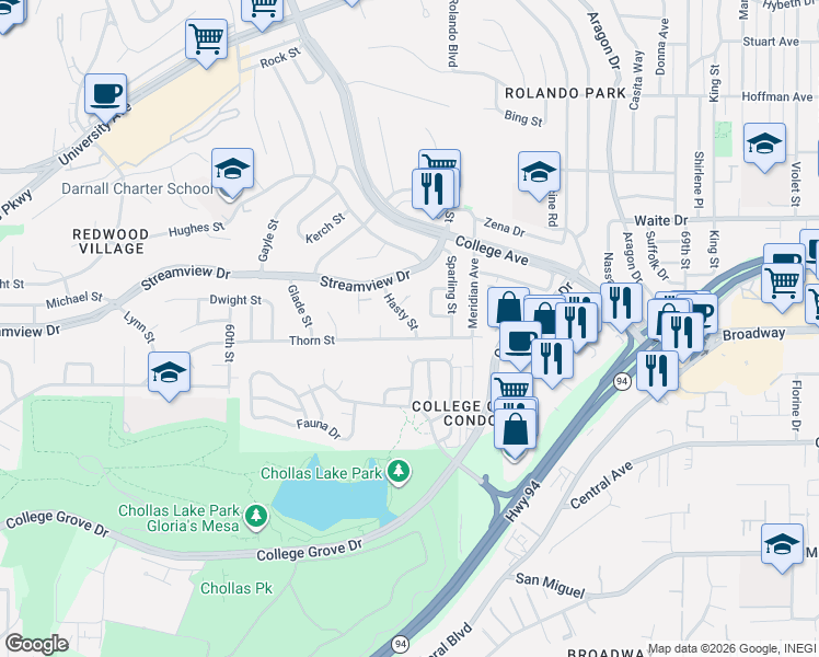 map of restaurants, bars, coffee shops, grocery stores, and more near 6339 Thorn Street in San Diego