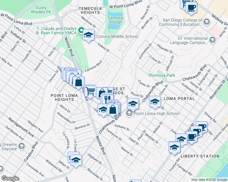 map of restaurants, bars, coffee shops, grocery stores, and more near 2331 Palermo Drive in San Diego