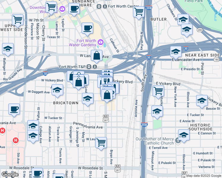 map of restaurants, bars, coffee shops, grocery stores, and more near 221 East Broadway Avenue in Fort Worth