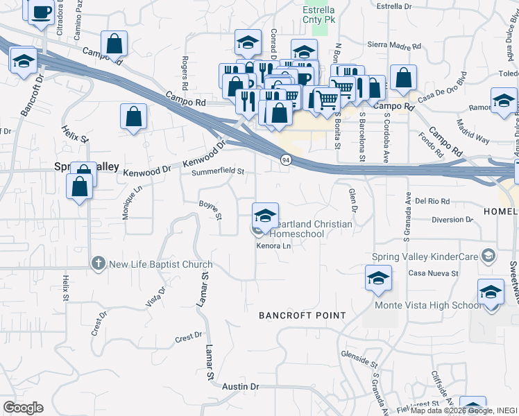 map of restaurants, bars, coffee shops, grocery stores, and more near 3457 Kenora Drive in Spring Valley