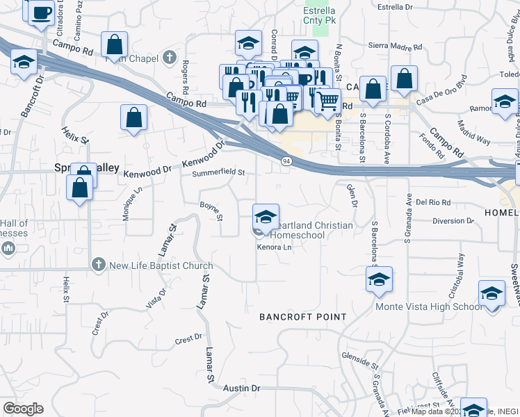 map of restaurants, bars, coffee shops, grocery stores, and more near 3457 Kenora Drive in Spring Valley