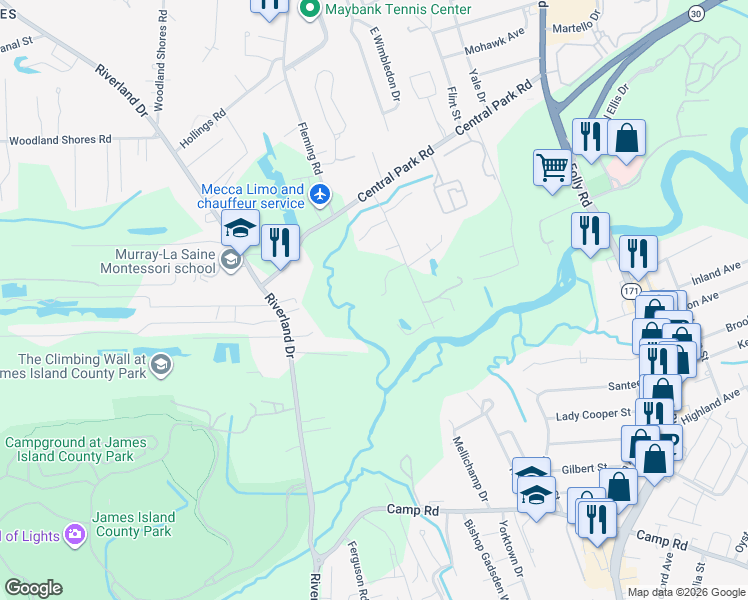 map of restaurants, bars, coffee shops, grocery stores, and more near 687 Riley Road in Charleston