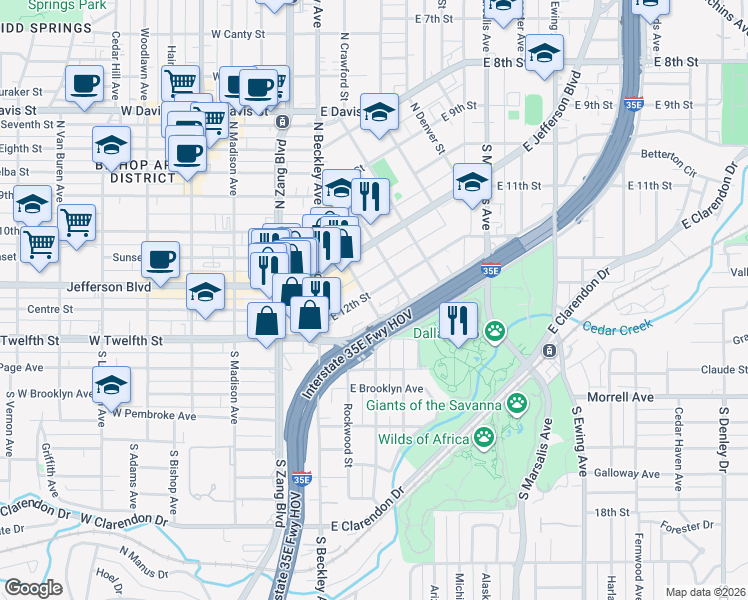 map of restaurants, bars, coffee shops, grocery stores, and more near 200 East 12th Street in Dallas