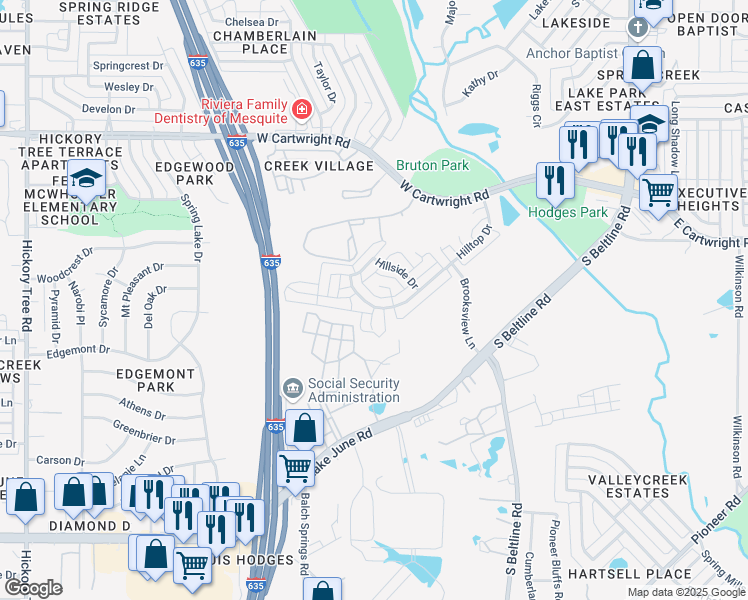 map of restaurants, bars, coffee shops, grocery stores, and more near 12717 Hilltop Drive in Balch Springs