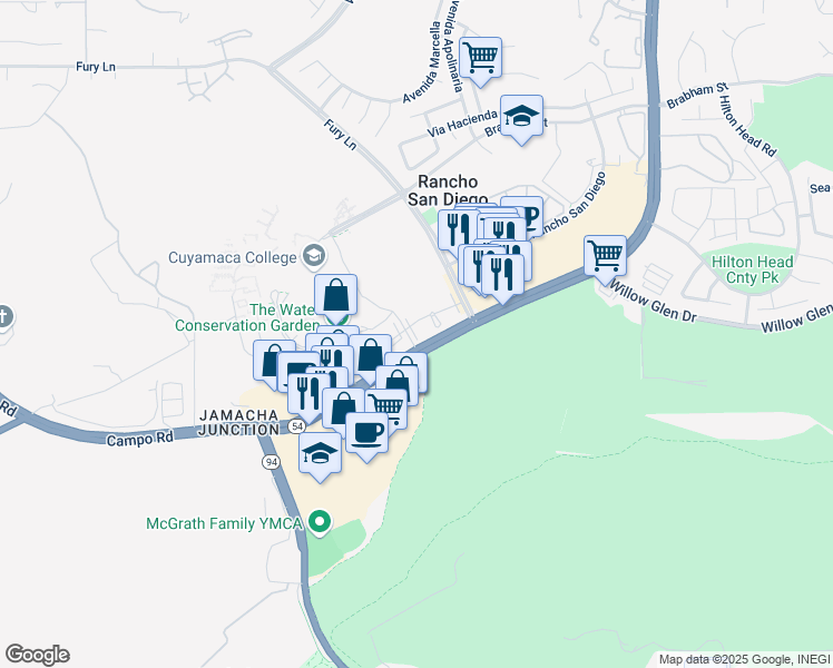 map of restaurants, bars, coffee shops, grocery stores, and more near 12190 Cuyamaca College Drive East in El Cajon