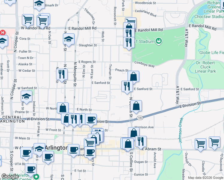 map of restaurants, bars, coffee shops, grocery stores, and more near 708 East Sanford Street in Arlington