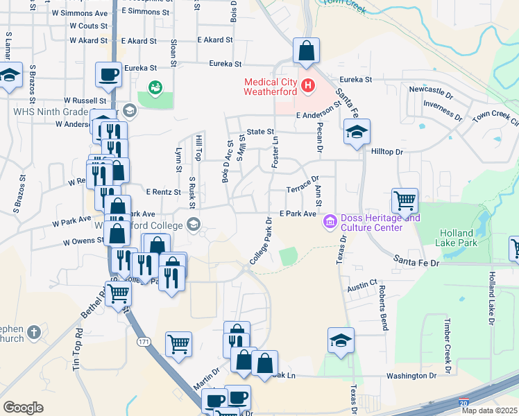 map of restaurants, bars, coffee shops, grocery stores, and more near 207 Roselawn Drive in Weatherford