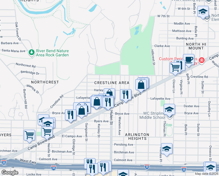 map of restaurants, bars, coffee shops, grocery stores, and more near 4537 Harley Avenue in Fort Worth