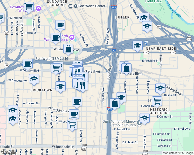 map of restaurants, bars, coffee shops, grocery stores, and more near 321 East Broadway Avenue in Fort Worth