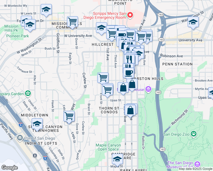 map of restaurants, bars, coffee shops, grocery stores, and more near 3570 First Avenue in San Diego
