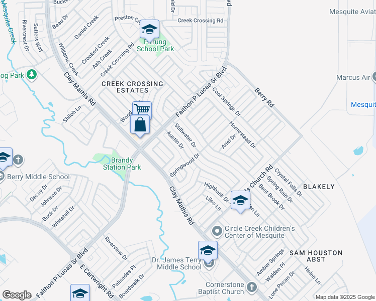 map of restaurants, bars, coffee shops, grocery stores, and more near 2116 Austin Drive in Mesquite