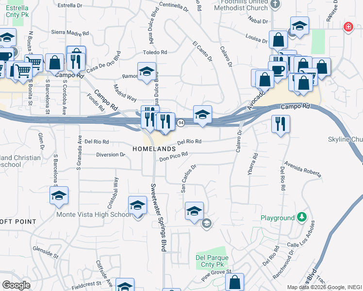 map of restaurants, bars, coffee shops, grocery stores, and more near 10341 Don Pico Road in Spring Valley