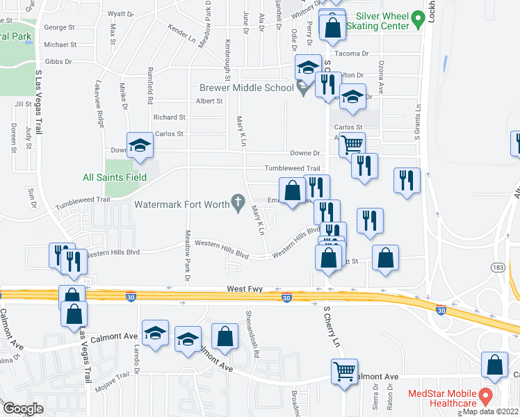 map of restaurants, bars, coffee shops, grocery stores, and more near 8011 Cambridge Circle in White Settlement