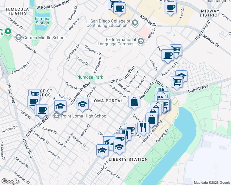 map of restaurants, bars, coffee shops, grocery stores, and more near 3235 Goldsmith Street in San Diego