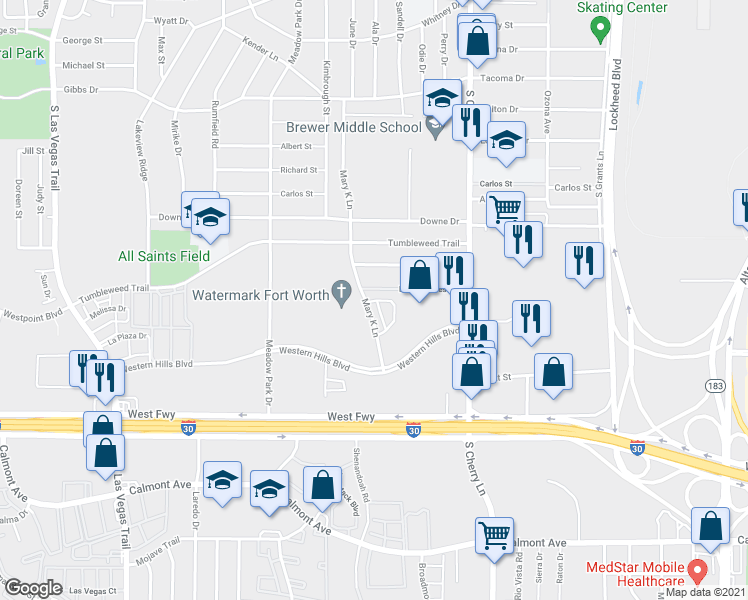 map of restaurants, bars, coffee shops, grocery stores, and more near 8013 Cambridge Circle in White Settlement
