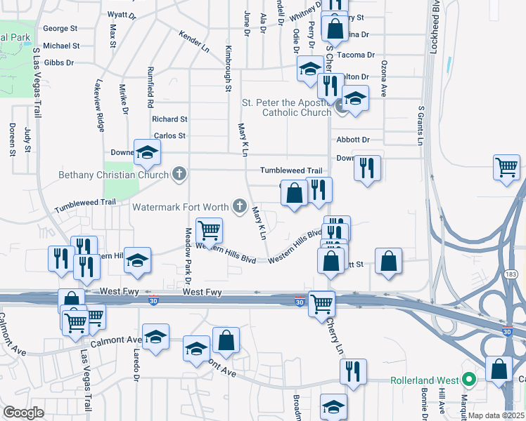 map of restaurants, bars, coffee shops, grocery stores, and more near 8015 Cambridge Circle in White Settlement