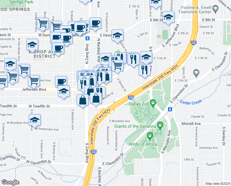 map of restaurants, bars, coffee shops, grocery stores, and more near 202 East 12th Street in Dallas