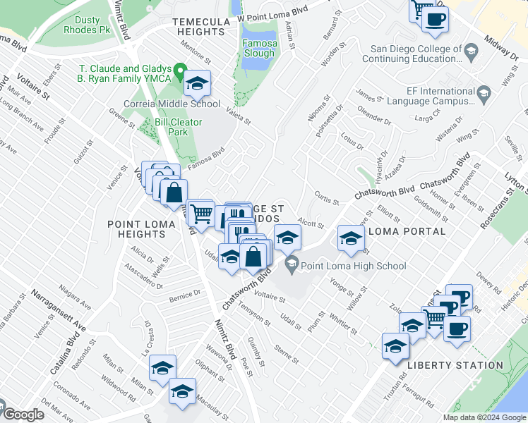 map of restaurants, bars, coffee shops, grocery stores, and more near 2331 Palermo Drive in San Diego