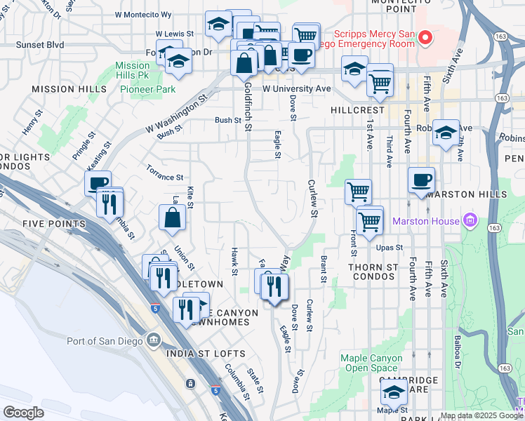 map of restaurants, bars, coffee shops, grocery stores, and more near 3525 Reynard Way in San Diego