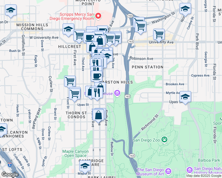map of restaurants, bars, coffee shops, grocery stores, and more near 3574 7th Avenue in San Diego