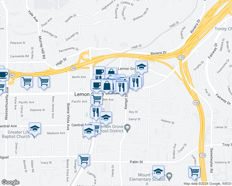 map of restaurants, bars, coffee shops, grocery stores, and more near 7967 Broadway in Lemon Grove