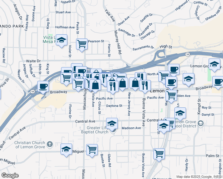 map of restaurants, bars, coffee shops, grocery stores, and more near in Lemon Grove