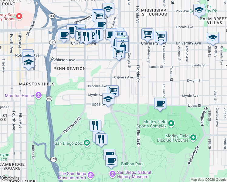 map of restaurants, bars, coffee shops, grocery stores, and more near 1717 Myrtle Avenue in San Diego