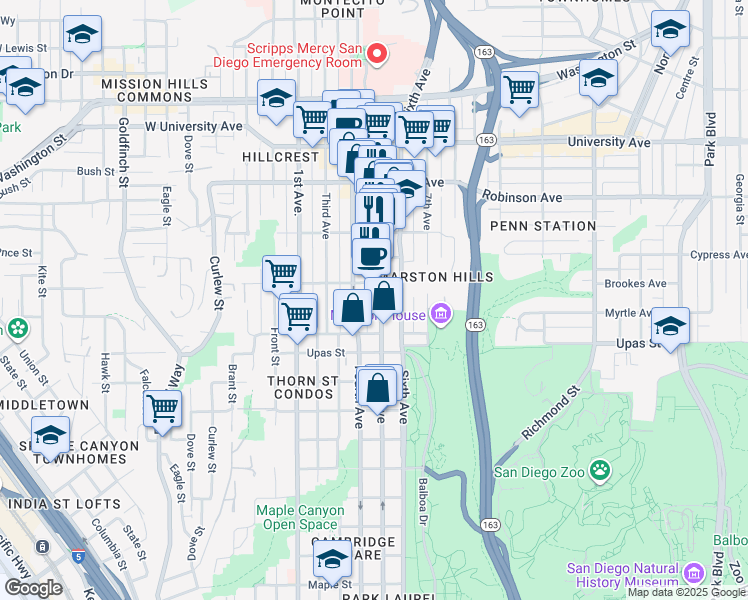 map of restaurants, bars, coffee shops, grocery stores, and more near 3534 Fifth Avenue in San Diego
