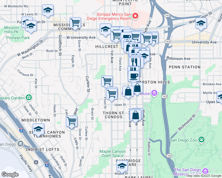 map of restaurants, bars, coffee shops, grocery stores, and more near 3531 1st Avenue in San Diego