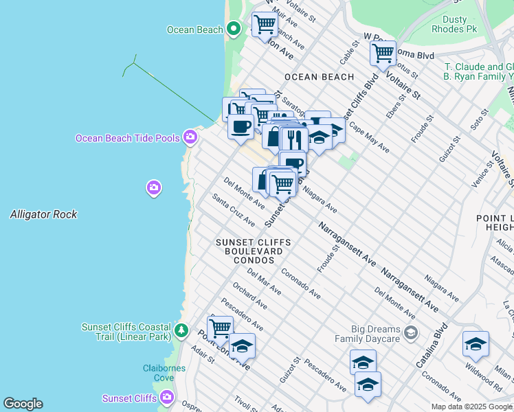 map of restaurants, bars, coffee shops, grocery stores, and more near 4817 Del Monte Avenue in San Diego