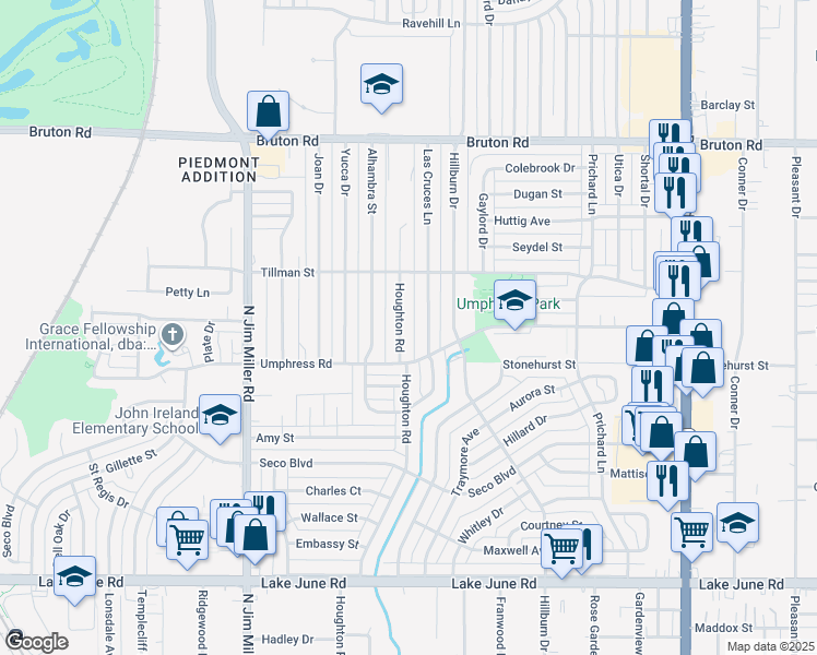map of restaurants, bars, coffee shops, grocery stores, and more near 1715 Houghton Road in Dallas