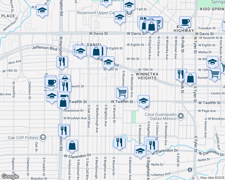 map of restaurants, bars, coffee shops, grocery stores, and more near 404 South Waverly Drive in Dallas