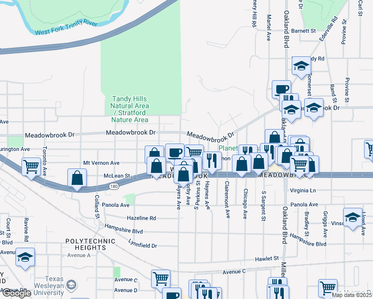 map of restaurants, bars, coffee shops, grocery stores, and more near 3704 Mount Vernon Avenue in Fort Worth